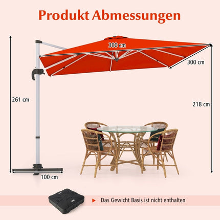 Terases saulessargs ar krustenisku pamatni un 360° rotāciju dārzam un baseina zonai, 300 x 300 x 261 cm, bordo krāsā