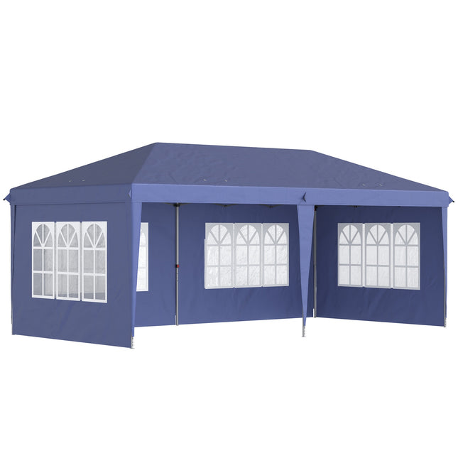 Paviljons 2,95 x 5,85 m ballīšu telts, saliekams paviljons ar UV aizsardzību, uznirstošs paviljons ar logiem un sānu sienām, dārza telts izgatavota no Oksfordas un tērauda, zila