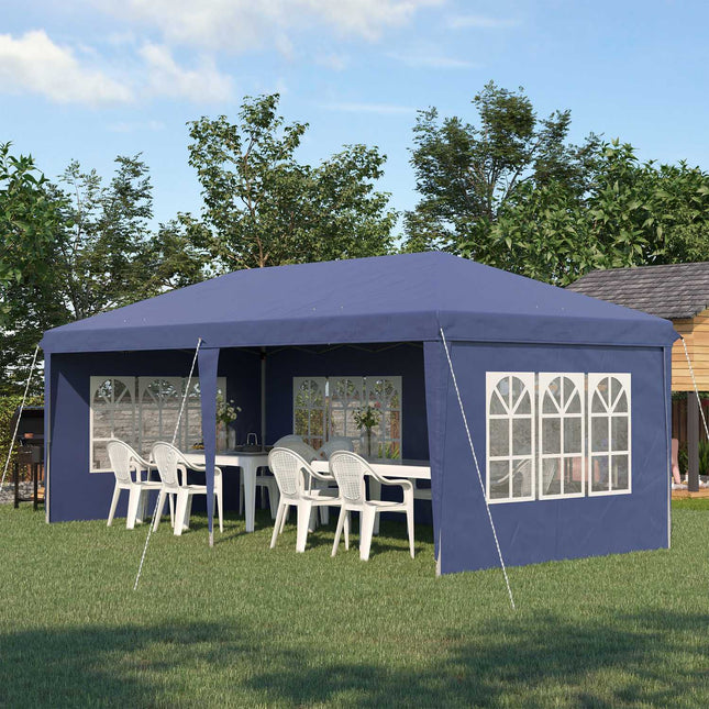 Paviljons 2,95 x 5,85 m ballīšu telts, saliekams paviljons ar UV aizsardzību, uznirstošs paviljons ar logiem un sānu sienām, dārza telts izgatavota no Oksfordas un tērauda, zila