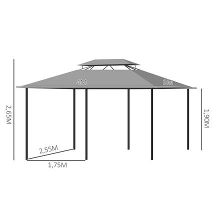 Paviljons 3x4m dārza paviljons ar 6 sānu paneļiem, ballīšu telts, telts ar dubultu jumtu, ūdensizturīgs, tumši pelēks dārzam un pasākumiem |