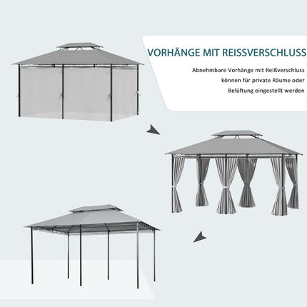 Paviljons 3x4m dārza paviljons ar 6 sānu paneļiem, ballīšu telts, telts ar dubultu jumtu, ūdensizturīgs, tumši pelēks dārzam un pasākumiem |