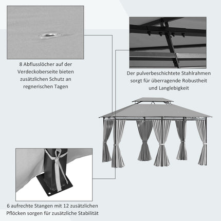 Paviljons 3x4m dārza paviljons ar 6 sānu paneļiem, ballīšu telts, telts ar dubultu jumtu, ūdensizturīgs, tumši pelēks dārzam un pasākumiem |