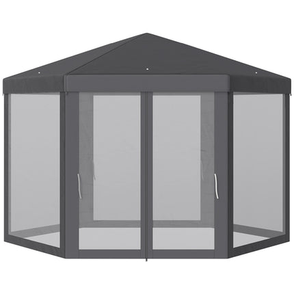 Dārza paviljons ar moskītu tīklu, ballīšu telts, dārza telts, sešstūraina, poliesters + metāls, pelēka, 394x341,2x250 cm