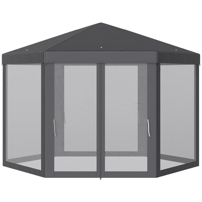 Dārza paviljons ar moskītu tīklu, ballīšu telts, dārza telts, sešstūraina, poliesters + metāls, pelēka, 394x341,2x250 cm