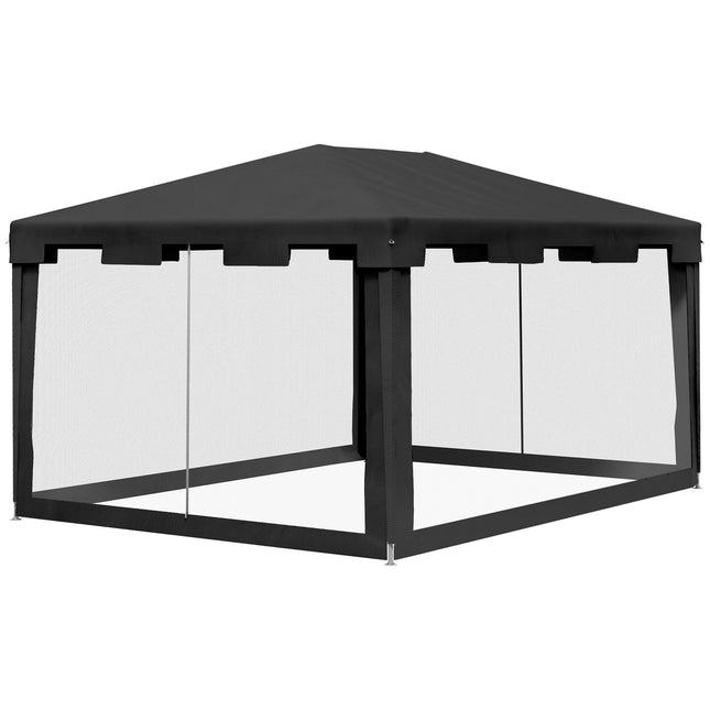 Paviljona ballīšu telts, aptuveni 4 x 3 m, dārza paviljona dārza telts, ar sieta sānu sienām balkonam, terasei, metāla, PE, tumši pelēka