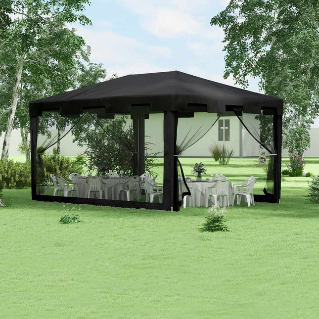 Paviljona ballīšu telts, aptuveni 4 x 3 m, dārza paviljona dārza telts, ar sieta sānu sienām balkonam, terasei, metāla, PE, tumši pelēka