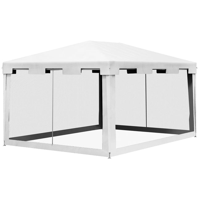 Paviljona ballīšu telts, aptuveni 4 x 3 m, dārza paviljona dārza telts, ar sieta sānu sienām balkonam, terasei, metāla, PE, balta