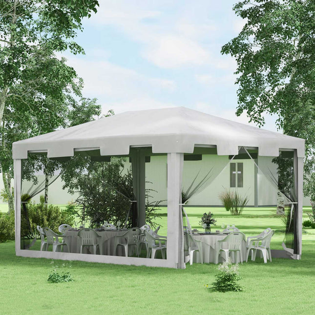 Paviljona ballīšu telts, aptuveni 4 x 3 m, dārza paviljona dārza telts, ar sieta sānu sienām balkonam, terasei, metāla, PE, balta
