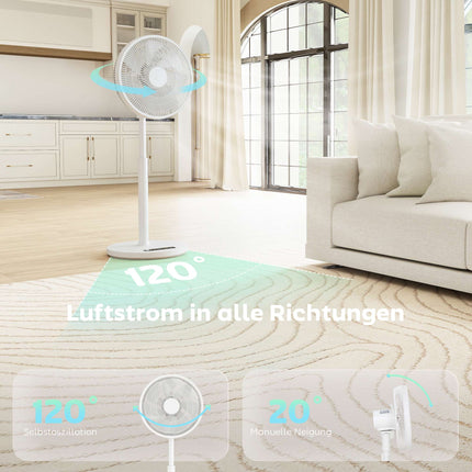 Pjedestāla ventilators ar tālvadības pulti, 12 ātrumi, regulējams augstums, balts