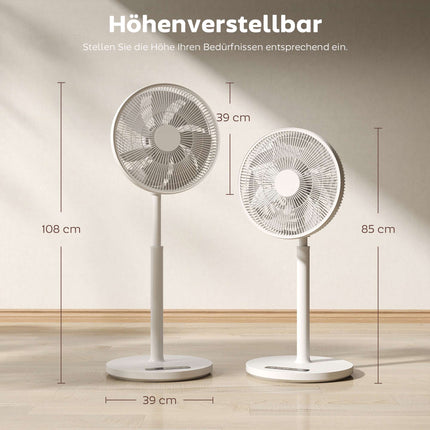 Pjedestāla ventilators ar tālvadības pulti, 12 ātrumi, regulējams augstums, balts