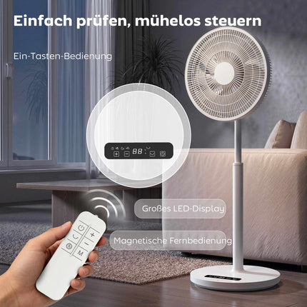 Pjedestāla ventilators ar tālvadības pulti, 12 ātrumi, regulējams augstums, balts