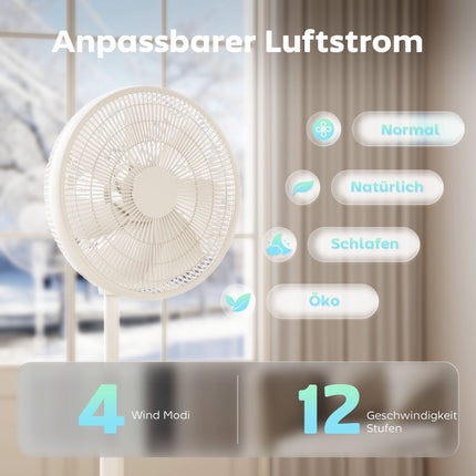 Pjedestāla ventilators ar tālvadības pulti, 12 ātrumi, regulējams augstums, balts