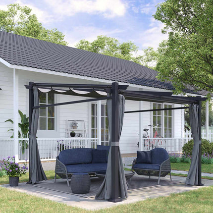 Pergola 2,97x2,95 m, ūdeni atgrūdoša dārza nojume ar saules nojumi un sānu paneļiem, poliesters, tumši pelēka
