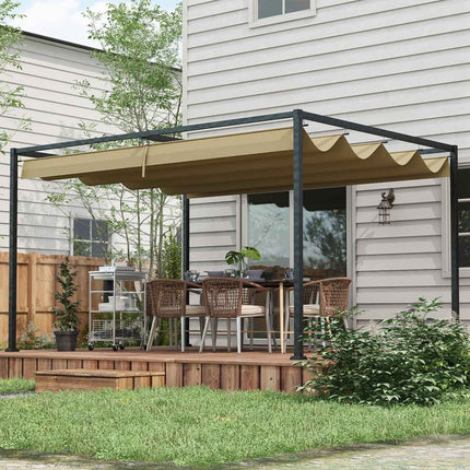 Pergola 3x2m dārza paviljons, terases jumts no metāla, dārza paviljons ar regulējamu jumtu, brīvi stāvošs, saules aizsardzība terasei un dārzam, haki krāsā