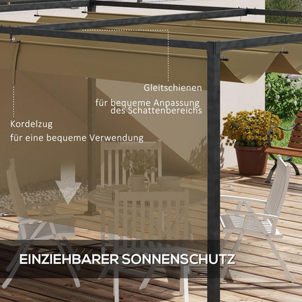 Pergola 3x2m dārza paviljons, terases jumts no metāla, dārza paviljons ar regulējamu jumtu, brīvi stāvošs, saules aizsardzība terasei un dārzam, haki krāsā