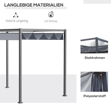 Pergola 4x3m dārza paviljons, terases jumts no tērauda, dārza paviljons ar regulējamu jumtu, brīvi stāvošs, saules aizsardzība terasei un dārzam, tumši pelēks
