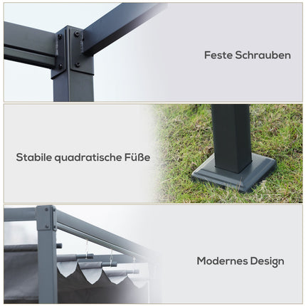 Pergola 4x3m dārza paviljons, terases jumts no tērauda, dārza paviljons ar regulējamu jumtu, brīvi stāvošs, saules aizsardzība terasei un dārzam, tumši pelēks
