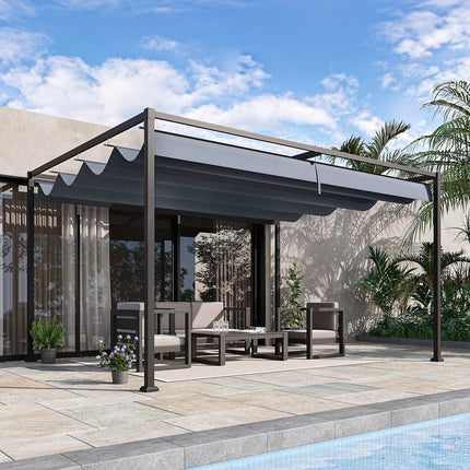 Pergola 4x3m dārza paviljons, terases jumts no tērauda, dārza paviljons ar regulējamu jumtu, brīvi stāvošs, saules aizsardzība terasei un dārzam, tumši pelēks