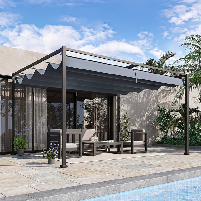 Pergola 4x3m dārza paviljons, terases jumts no tērauda, dārza paviljons ar regulējamu jumtu, brīvi stāvošs, saules aizsardzība terasei un dārzam, tumši pelēks