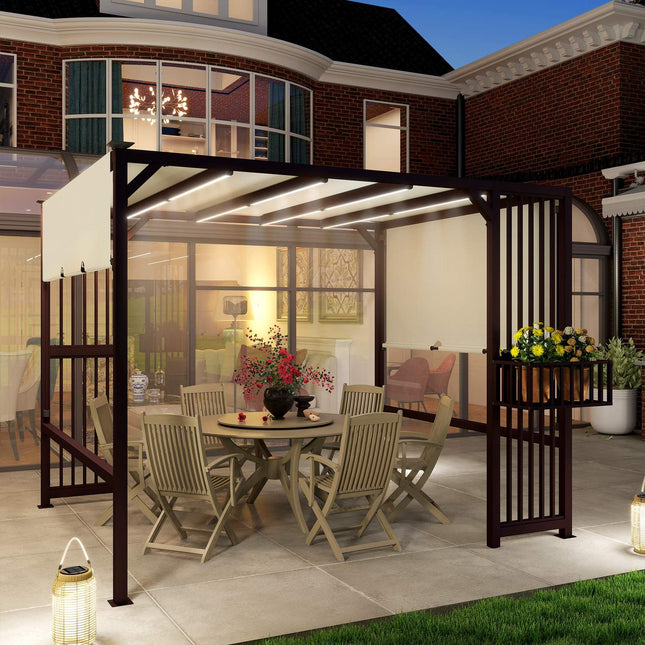 Pergola lapene 3x2,5m UV 30+ Stabila Ziemai Necaurlaidīga Saules Aizsardzība ar Regulējamu Bīdāmu Jumtu Privātuma Aizsegu Puķu Podiem Brīvi Stāvoša Dārza Lapene Terases Nojume Dārza Balkonam Tumši Brūna |