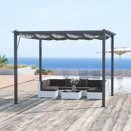 Pergola dārza lapene ar bīdāmu jumtu, dārzam, alumīnijs, kokogles pelēka + tumši pelēka, 3x3x2,23 m