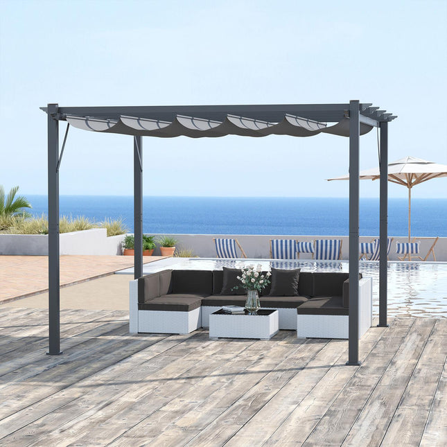 Pergola dārza lapene ar bīdāmu jumtu, dārzam, alumīnijs, kokogles pelēka + tumši pelēka, 3x3x2,23 m