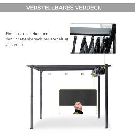 Pergola dārza lapene ar bīdāmu jumtu, dārzam, alumīnijs, kokogles pelēka + tumši pelēka, 3x3x2,23 m