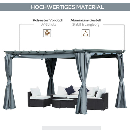 Pergola lapene ar regulējamu auduma jumtu, izturīga pret laikapstākļiem, 3,6x3x2,27 m, tērauds, pelēka