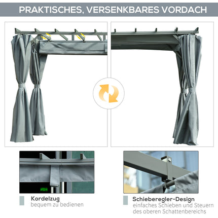 Pergola lapene ar regulējamu auduma jumtu, izturīga pret laikapstākļiem, 3,6x3x2,27 m, tērauds, pelēka