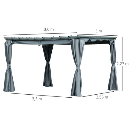 Pergola lapene ar regulējamu auduma jumtu, izturīga pret laikapstākļiem, 3,6x3x2,27 m, tērauds, pelēka
