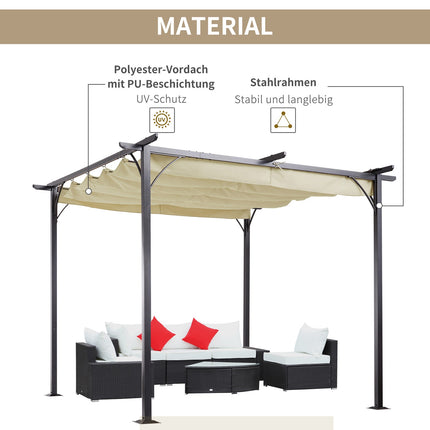 Pergola, ūdensizturīga dārza lapene, 3 x 3 m, terases nojume ar bīdāmu jumtu, UV aizsardzība dārzam, alumīnijs, bēša krāsa