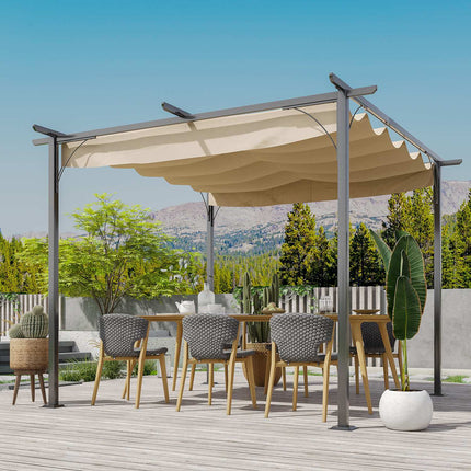 Pergola, ūdensizturīga dārza lapene, 3 x 3 m, terases nojume ar bīdāmu jumtu, UV aizsardzība dārzam, alumīnijs, bēša krāsa