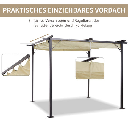 Pergola, ūdensizturīga dārza lapene, 3 x 3 m, terases nojume ar bīdāmu jumtu, UV aizsardzība dārzam, alumīnijs, bēša krāsa