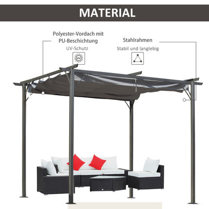 Pergola ūdensizturīga dārza lapene 3 x 3 m terases nojume ar bīdāmu jumtu, UV aizsardzība dārzam, metāls, melna + pelēka