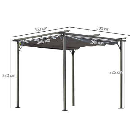 Pergola ūdensizturīga dārza lapene 3 x 3 m terases nojume ar bīdāmu jumtu, UV aizsardzība dārzam, metāls, melna + pelēka