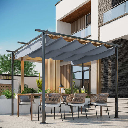 Pergola ūdensizturīga dārza lapene 3 x 3 m terases nojume ar bīdāmu jumtu, UV aizsardzība dārzam, metāls, melna + pelēka