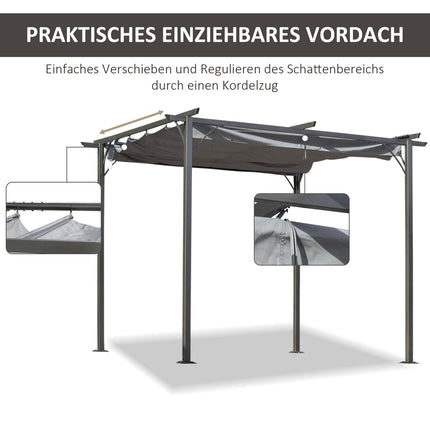 Pergola ūdensizturīga dārza lapene 3 x 3 m terases nojume ar bīdāmu jumtu, UV aizsardzība dārzam, metāls, melna + pelēka
