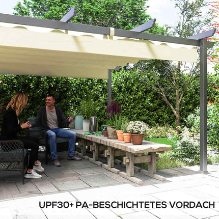 Pergola aptuveni 4x4m dārza paviljons, terases jumts no alumīnija, dārza paviljons ar regulējamu jumtu, brīvi stāvošs, saules aizsardzība terasei un dārzam, bēšs