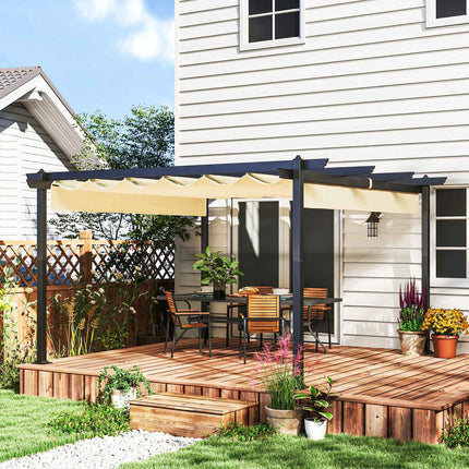 Pergola aptuveni 4x4m dārza paviljons, terases jumts no alumīnija, dārza paviljons ar regulējamu jumtu, brīvi stāvošs, saules aizsardzība terasei un dārzam, bēšs
