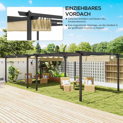 Pergola aptuveni 4x4m dārza paviljons, terases jumts no alumīnija, dārza paviljons ar regulējamu jumtu, brīvi stāvošs, saules aizsardzība terasei un dārzam, bēšs