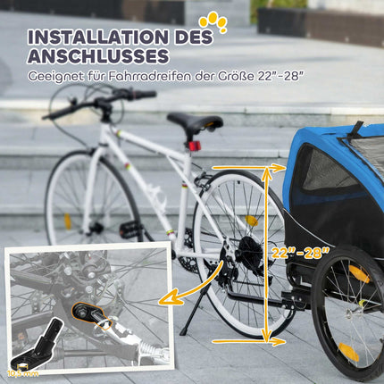 Mājdzīvnieku velosipēda piekabe, 20" riteņi, sieta logi, zila/melna