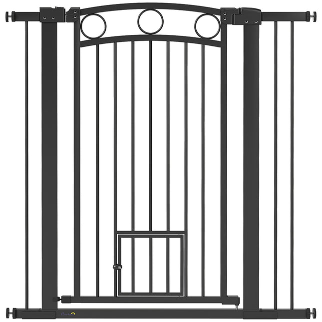 Mājdzīvnieku vārtiņi 106 cm, regulējams platums, kaķu durvis, melni
