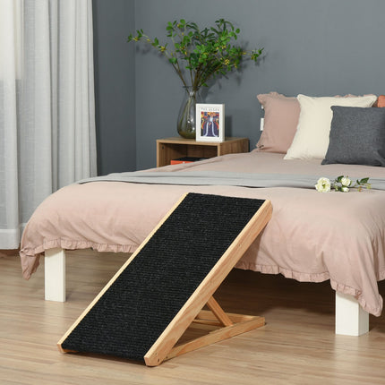 Regulējama mājdzīvnieku rampa suņiem ar neslīdošu paklāju, priedes koks, poliesters, 90x40x61 cm