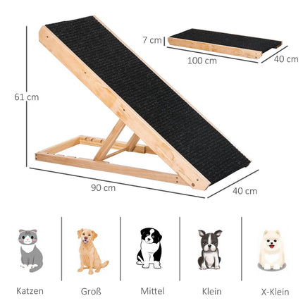 Regulējama mājdzīvnieku rampa suņiem ar neslīdošu paklāju, priedes koks, poliesters, 90x40x61 cm