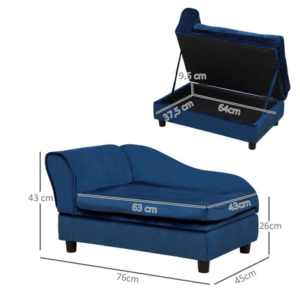 Pet Sofa with Storage and Removable Cushion, Plush Cover, Up to 15 kg, Blue