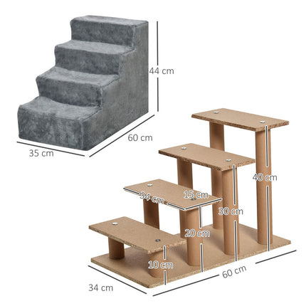 Mājdzīvnieku kāpnes, 4 pakāpieni, suņu rampa ar noņemamu pārsegu, kaķu kāpnes, skaidu plāksne, plīša krāsa, pelēka, 60x35x44 cm