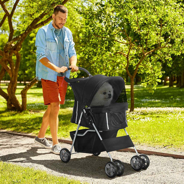 Mājdzīvnieku ratiņi maziem suņiem, salokāmi, melni, celtspēja 10 kg