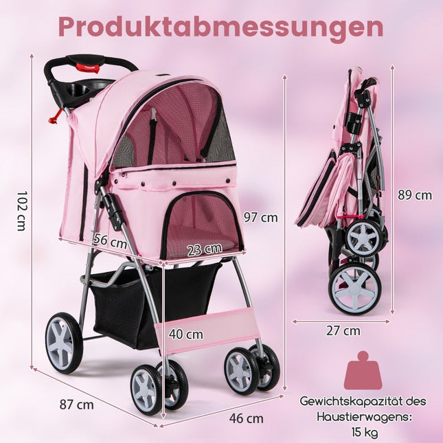 Mājdzīvnieku ratiņi ar sieta logiem un krūzīšu turētāju, rozā, celtspēja 15 kg