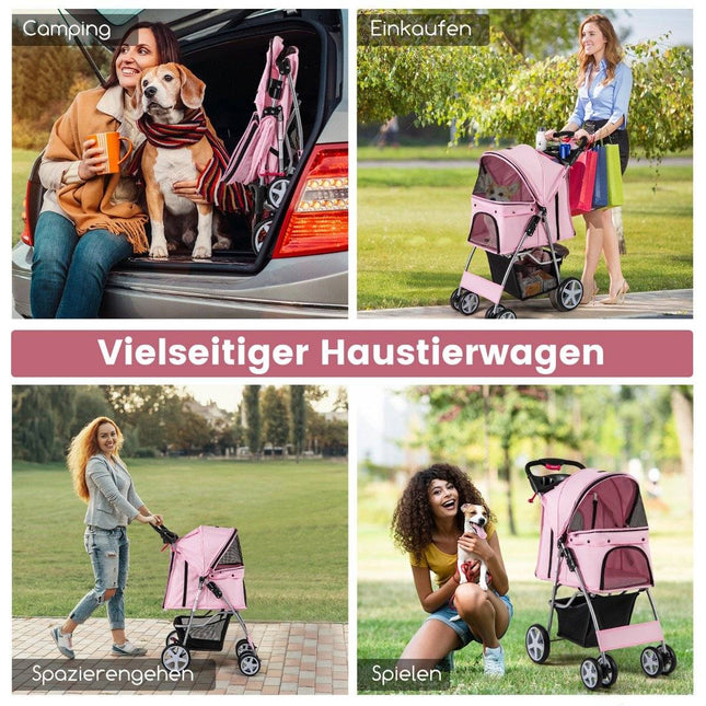 Mājdzīvnieku ratiņi ar sieta logiem un krūzīšu turētāju, rozā, celtspēja 15 kg