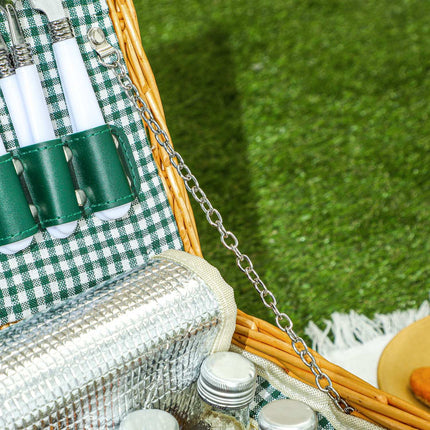 Piknika grozs no vītola koka, piknika koferis 2 personām ar izolētu dzesētāja nodalījumu, galda piederumu komplekts, piknika komplekts, pilns komplekts kempingam, pludmalei, Ziemassvētkiem, gaiši brūns